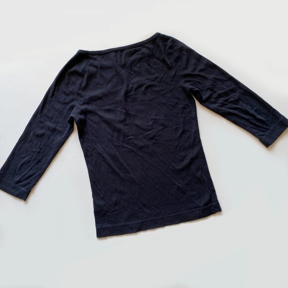 Three Dots Women Cotton T-Shirt Size M Black 3/4 Sleeve Abstract Face Design - Picture 8 of 8